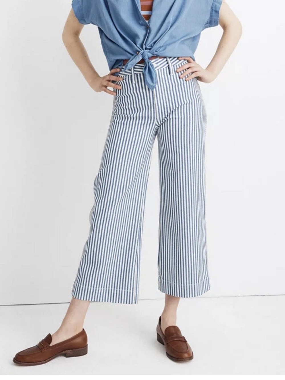 Madewell Emmett Wide Leg Cropped Blue and White Striped Pants